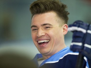 Singer Shawn Hook speaks with media before a Juno Cup practice game at Max Bell Centre in Calgary, Alta., on Thursday, March 31, 2016. Musicians and former NHLers were prepping for the Juno Cup hockey game set for this Friday, part of events leading up to the Juno Awards on Sunday at the Saddledome. Lyle Aspinall/Postmedia Network
