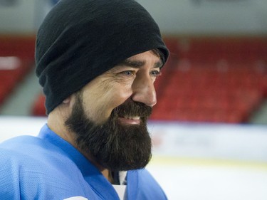 Beard Guy of Walk Off the Earth chats with media before a Juno Cup practice game at Max Bell Centre in Calgary, Alta., on Thursday, March 31, 2016. Musicians and former NHLers were prepping for the Juno Cup hockey game set for this Friday, part of events leading up to the Juno Awards on Sunday at the Saddledome. Lyle Aspinall/Postmedia Network