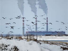 A flock of returning Canada geese heads toward the Sundance power plant.