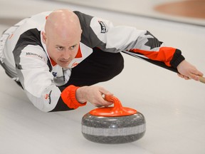 Kevin Koe throws stones during curling practice at Glencoe Club  in Calgary, AB., on Monday, March 28, 2016. (Photo by Andy Maxwell Mawji/ Postmedia)