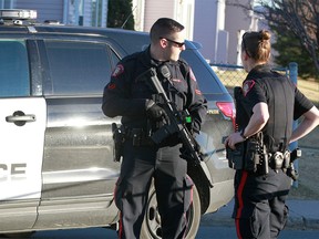 Calgary police block off Maryvale Dr NE at Marlborough Way. (Jim Wells/Postmedia)