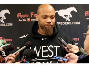 CALGARY.;  NOVEMBER 20, 2015  -- Calgary Stampeders Juwan Simpson talks to media in Calgary on November 21, 2015, a day after losing the Western Final. Photo Leah Hennel, Calgary Herald (For Sports story by ?)    CALGARY HERALD MERLIN ARCHIVE