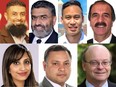 Candidates in the Calgary Greenway byelection, clockwise from top left: Khalil Karbani, Liberal; Devinder Toor, Wildrose; Thana Boonlert, Green; Said Abdulbaki, Independent; Roop Rai, NDP, Prad Gill, PC; Larry Heather, Independent