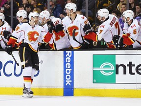 Jakub Nakladal of the Calgary Flames celebrates  after scoring his first NHL goal against the Boston Bruins at TD Garden on Tuesday in Boston.