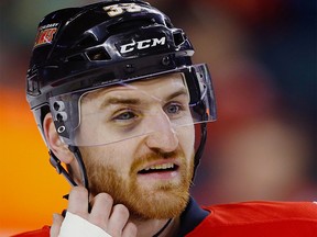 Calgary Flames Jakub Nakladal during the pre-game skate before playing the Nashville Predators in NHL hockey in Calgary on Wednesday, March 9, 2016.