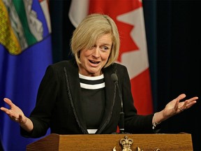 Alberta Premier Rachel Notley responds at the Alberta Legislature on March 1, 2016 to a bid by the Quebec government to gain a court injunction that would require that TransCanada Corporation follow the province's environmental process as it prepares for its Energy East pipeline.