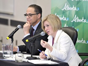 Alberta Premier Rachel Notley and Minister of Finance Joe Ceci meet with small business owners and non-profit businesses during a pre-budget meeting at the Alberta School of Business in Edmonton on Wednesday, March 23, 2016.