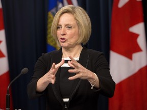 Alberta Premier Rachel Notley speaks during a press conference prior to the reading of the Speech from the Throne, in Edmonton on Tuesday, March 8, 2016.
