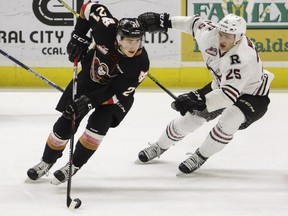 REBELS VS. HITMEN WHL QUARTERFINALS --Matteo Gennaro of of the Calgary Hitmen fends off Adam Musil of the Red Deer Rebels during Game 1 of their WHL playoff series at the Enmax Centrium in Red Deer, Alta. Friday, March 25. The Rebels defeated the Hitmen 2-1. Photo by ASHLI BARRETT/Red Deer Advocate