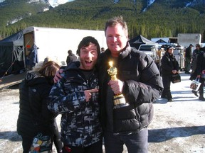 Scott Olynek, left, with James W. Skotchdopole, who was a producer for The Revenant as well as Birdman, and had his Oscar from Birdman on the set of The Revenant.