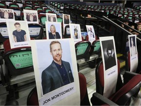 Seat cards showcase Juno hosts and talent on Tuesday as the Scotiabank Saddledome underwent a multi-day transformation to host the 2016 Junos this Sunday. Gavin Young/Postmedia