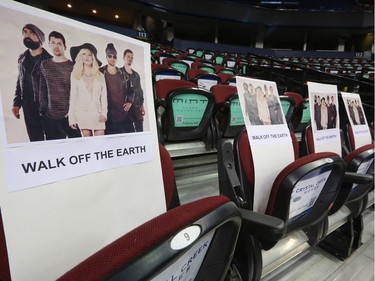 Seat cards showcase Juno hosts and talent on Tuesday as the Scotiabank Saddledome underwent a multi-day transformation to host the 2016 Junos this Sunday. Gavin Young/Postmedia