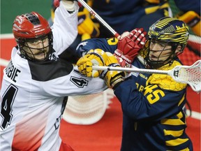 The Calgary Roughnecks' Dane Dobbie and the Georgia Swarm's Jason Noble tangle during National Lacrosse League action at the Scotiabank Saddledome in Calgary on Saturday February 6, 2016. (Gavin Young/Postmedia) (For City section story by TBA) Trax#
