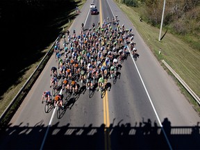 Racers during the fourth stage of the Tour of Alberta cycling race near Fort Saskatchewan on Saturday, Sept. 6, 2014.