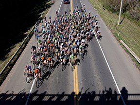 Racers during the fourth stage of the Tour of Alberta cycling race near Fort Saskatchewan, Alta., Saturday, Sept. 6, 2014.
