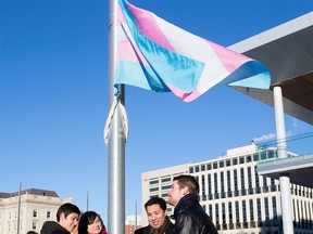 The Transgender Pride flag at the Alberta legislature in November 2015. (Photo by Greg Southam/Edmonton Journal.)