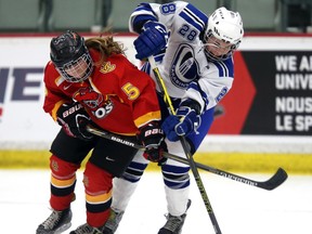 University of Calgary Dinos #5 Megon Grenon fights for a loose puck against Montreal Carabins #28 Catherine Dubois during 2016 CIS Women's Hockey Championships quarter-final action Friday night at Winsport.  Photo by David Moll, Dinos Athletics