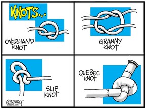 Vance Rodewalt editorial cartoon for Calgary Herald edition of March 7, 2016: Panels of different knots, one of them being a Quebec knot that ties up Energy East pipeline.