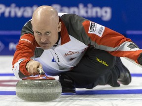 Canada's skip Kevin Koe competes in a round robin match between Canada and Germany at the men's curling World Championships in the St. Jakobshalle in Basel, Switzerland, Tuesday, April 5, 2016. (Georgios Kefalas/Keystone via AP) ORG XMIT: CUR101