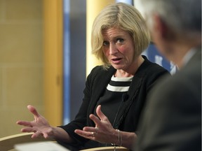 Alberta Premier Rachel Notley answers a question from Bob Perciasepe, president, Center for Climate and Energy Solutions, following her 2015-2016 Thomas O. Enders Memorial Lecture on U.S.-Canadian Relations at the Johns Hopkins University School of Advanced International Studies in Washington, Thursday, April 28, 2016. (AP Photo/Cliff Owen) ORG XMIT: DCCO106