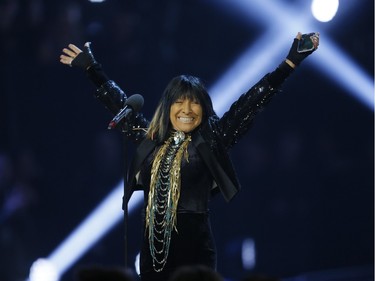 Buffy Sainte-Marie on stage during the Juno Awards at the Scotiabank Saddledome in Calgary, Alta., on Sunday, April 3, 2016. The Juno Awards celebrate the best in Canadian music.