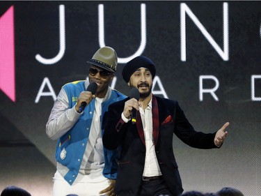 Kardinal Offishall and Jus Reign present the Country Album of the Year Juno during the Juno Awards at the Scotiabank Saddledome in Calgary, Alta., on Sunday, April 3, 2016. The Juno Awards celebrate the best in Canadian music. Lyle Aspinall/Postmedia Network