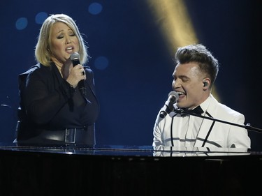 Jan Arden and Shawn Hook perform a Burton Cummings tribute during the Juno Awards at the Scotiabank Saddledome in Calgary, Alta., on Sunday, April 3, 2016. The Juno Awards celebrate the best in Canadian music. Lyle Aspinall/Postmedia Network