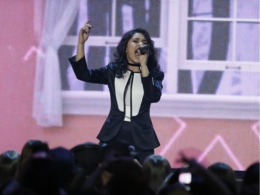 Breakthrough artist of the year Alessia Cara performs during the Juno Awards at the Scotiabank Saddledome in Calgary, Alta., on Sunday, April 3, 2016. The Juno Awards celebrate the best in Canadian music.