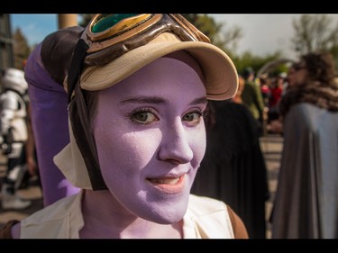 Kim Broten was happy to be there even though she was a little blue at the annual Parade of Wonders that kicks off the Calgary Comic & Entertainment Expo at the BMO Centre in Calgary, Ab., on Friday April 29, 2016. Mike Drew/Postmedia