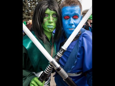 Melissa Jaroszenko and Jesse Varley dressed as a mix between Jedi warriors and Harry Potter characters at the annual Parade of Wonders that kicks off the Calgary Comic & Entertainment Expo at the BMO Centre in Calgary, Ab., on Friday April 29, 2016. Mike Drew/Postmedia