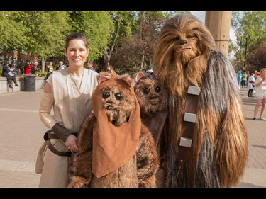 The Feindel family, mom Shannon, little Ewoks Jordy and Tasmin and Wookie dad Shane at the annual Parade of Wonders that kicks off the Calgary Comic & Entertainment Expo at the BMO Centre in Calgary, Ab., on Friday April 29, 2016. Mike Drew/Postmedia