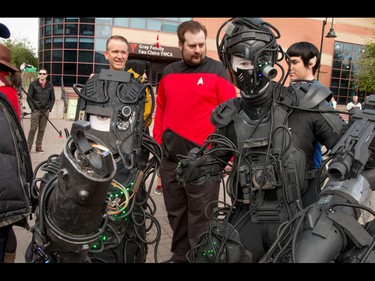 Seth Kownatka, 12, and dad Adam as Borg at the annual Parade of Wonders that kicks off the Calgary Comic & Entertainment Expo at the BMO Centre in Calgary, Ab., on Friday April 29, 2016. Mike Drew/Postmedia