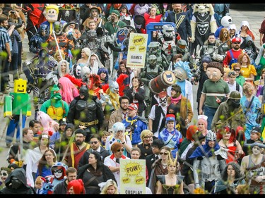 Over 2000 cosplayers jammed the downtown streets at the annual Parade of Wonders that kicks off the Calgary Comic & Entertainment Expo at the BMO Centre in Calgary, Ab., on Friday April 29, 2016. Mike Drew/Postmedia