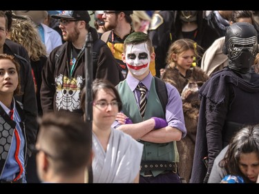 Hard to say why this guy was so serious at the annual Parade of Wonders that kicks off the Calgary Comic & Entertainment Expo at the BMO Centre in Calgary, Ab., on Friday April 29, 2016. Mike Drew/Postmedia