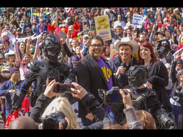 Seth Kownatka, 12, and dad Adam as Borg with Mayor Naheed Nenshi, John Barrowman and Emily Expo as the annual Parade of Wonders that kicks off the Calgary Comic & Entertainment Expo at the BMO Centre ends at Olympic Plaza in Calgary, Ab., on Friday April 29, 2016. Mike Drew/Postmedia