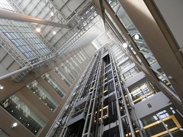 The interior glass lobby of the Calgary Courts Centre  on Law Day 2016 - Saturday, April 16, 2016.