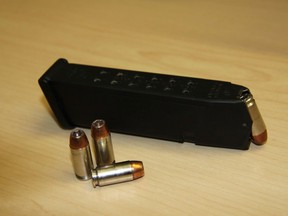 A magazine for a Calgary Police Service pistol and 15 rounds of ammunition was found Monday, May 2, 2016. The items (similar to this standard Calgary Police Service magazine and ammunition) had gone missing after they fell from the duty belt of an on-duty police officer on Thursday, April 28, 2016.