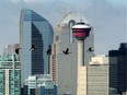 Colleen De Neve/ Calgary Herald CALGARY, AB --MARCH 22, 2013 -- A group of Canada geese fly north past the Calgary skyline on March 22, 2013 as they continue their migration north for the spring. (Colleen De Neve/Calgary Herald) (For City story by None) 00043824A