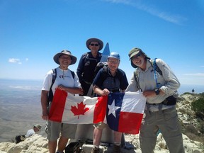 At 90 years old, Vic Jircik (centre), climbed Guadalupe Peak, Texas's highest natural point on April 20, 2016, along with his friends Donald Wong, Lou Pesta, and Tom Pesta.