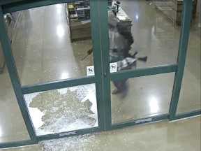 Surveillance cameras capture a smash and grab in which $10,000 worth of firearms were stolen from Cabela's in northeast Calgary.