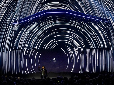 Buffy Sainte-Marie delivers a spoken-word performance during the Juno Awards at the Scotiabank Saddledome in Calgary, Alta., on Sunday, April 3, 2016. The Juno Awards celebrate the best in Canadian music. (Lyle Aspinall/Postmedia Network)