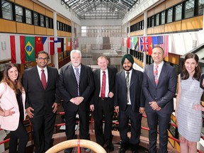 Members of a Haskayne School of Business team  at the school on Thursday, April 7, 2016.  From left are; Kendra Scurfield, Rishabh Gandhi, Larry A. Wood, Leo Donlevy, Ram Inder Singh Kohl, Alex Walkey and Andrea Mamchur.