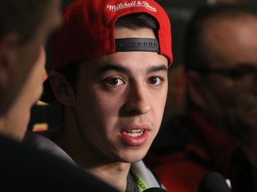 Calgary Flames forward Johnny Gaudreau speaks with the media at the Scotiabank Saddledome as the team cleared out their lockers for the season on Monday, April 11, 2016.