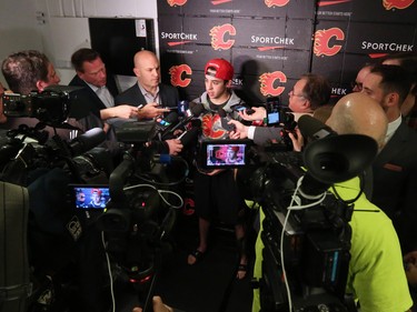 The Calgary Flames' Johnny Gaudreau speaks with the media at the Scotiabank Saddledome as the team cleared out their lockers for the season on Monday, April 11, 2016.