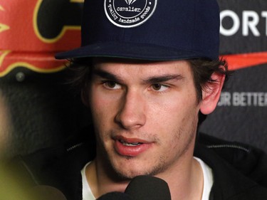 The Calgary Flames' Sean Monahan speaks to the media at the Scotiabank Saddledome as the team cleared out their lockers for the season on Monday, April 11, 2016.