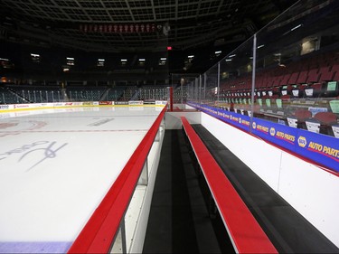 The Calgary Flames' home bench now empty until next season while the team cleared out their lockers on Monday, April 11, 2016.