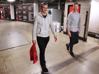 Calgary Flames Mikael Backlund and Dougie Hamilton head out of the Scotiabank Saddledome as the team cleared out their lockers for the season on Monday, April 11, 2016.