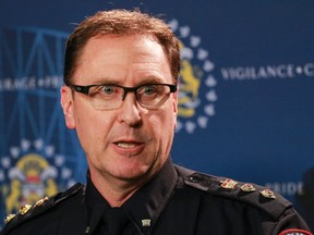 Calgary City Police Deputy Chief Bob Ritchie speaks to media about a police officer charged with several offences  in Calgary, Ab., on Friday April 15, 2016. Mike Drew/Postmedia