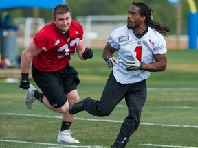 Linebacker John Hugunin, left, tracks down receiver Paris Cotton during the Calgary Stampeders' mini-camp at IMG Academy in Bradenton, Fla., on April 17, 2015.