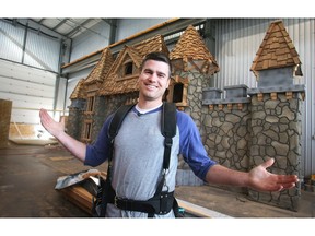 Tyson Leavitt, owner of Charmed Playhouses, shows off one of his creations, this one bound for China, in the company's new construction facility in Lethbridge Monday April 18, 2016.